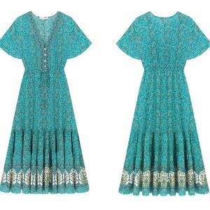 R. Vivimos Womens Summer Floral Print Turquoise Boho Midi Flowy Dress Med 8/10